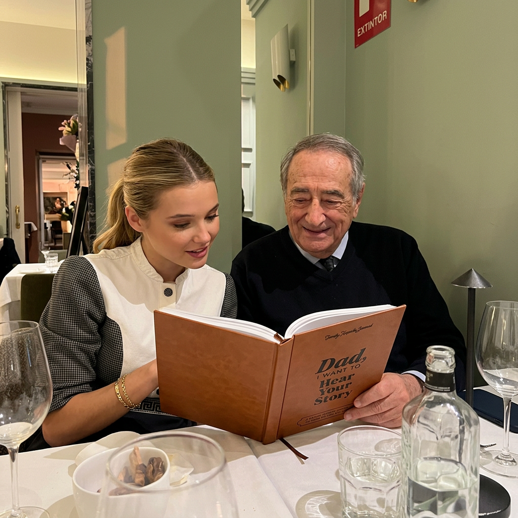 Daughter and dad reading his journal