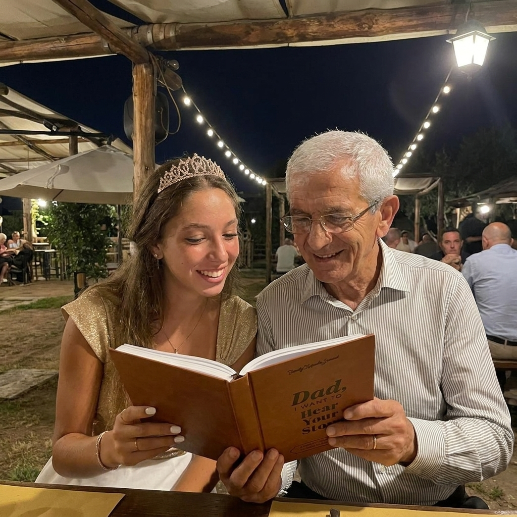 Dad reading his journal at dinner