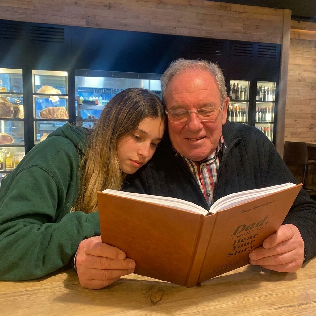 Granddaughter and grandpa reading the journal