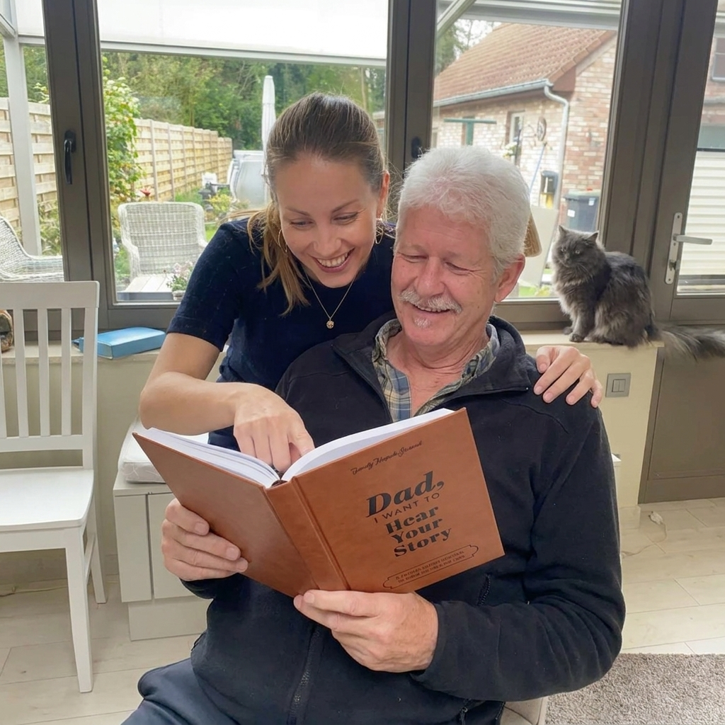 Dad reading the journal at home
